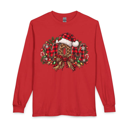 Christmas Leopard Wreath Mom Long Sleeve Tee — Buffalo Plaid Santa Hat Holiday Shirt