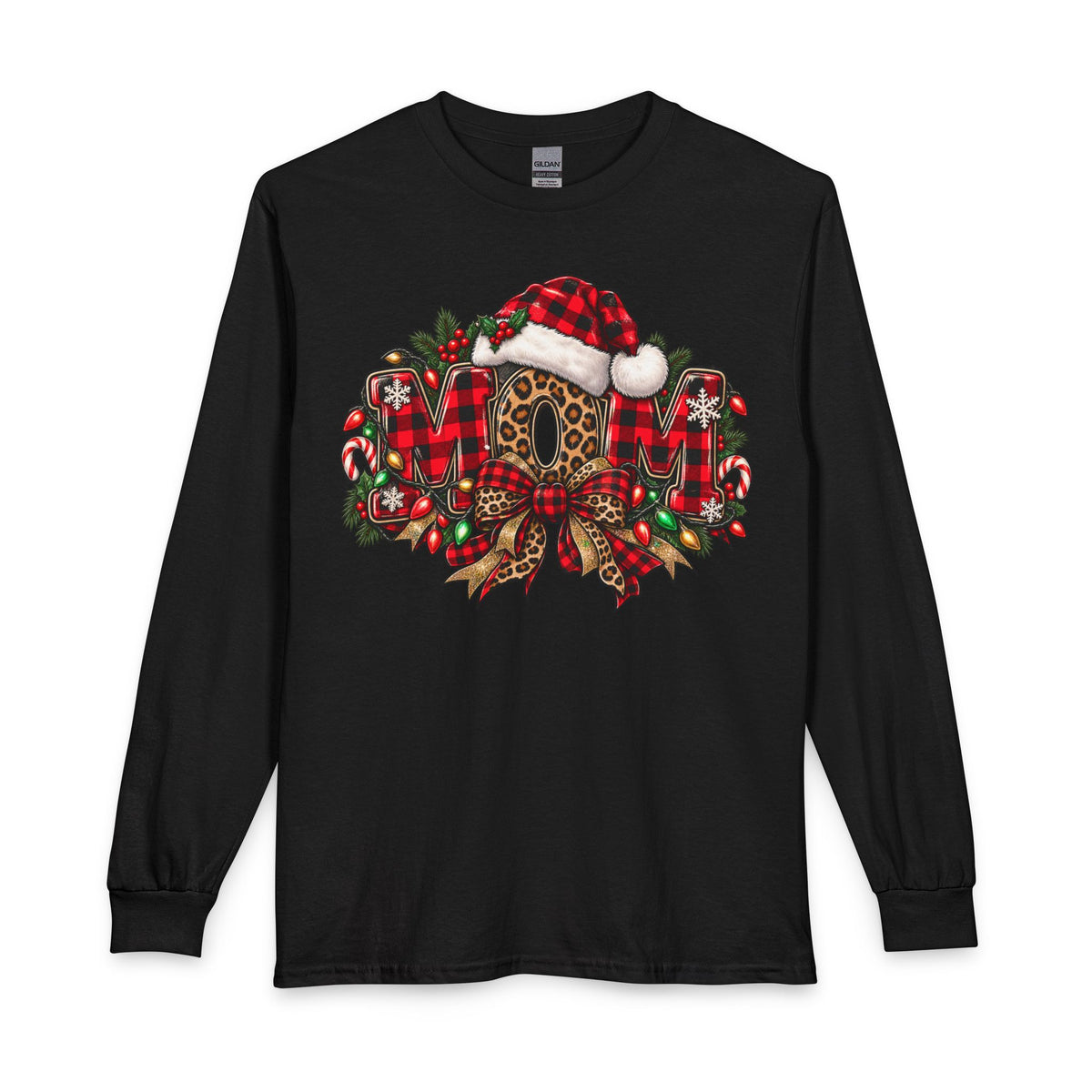Christmas Leopard Wreath Mom Long Sleeve Tee — Buffalo Plaid Santa Hat Holiday Shirt