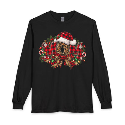 Christmas Leopard Wreath Mom Long Sleeve Tee — Buffalo Plaid Santa Hat Holiday Shirt