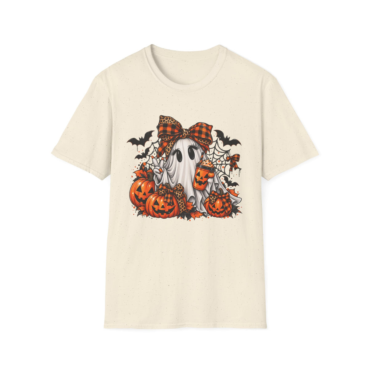 Cute Ghost Pumpkin Halloween T-Shirt — Plaid Bow Ghost with Jack-o'-Lanterns
