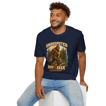 Undisputed Hide & Seek Champion T‑Shirt — Vintage Sasquatch Trophy Graphic