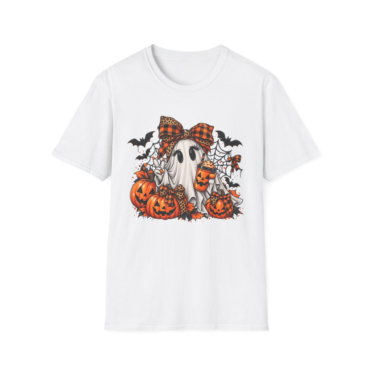 Cute Ghost Pumpkin Halloween T-Shirt — Plaid Bow Ghost with Jack-o'-Lanterns