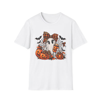 Cute Ghost Pumpkin Halloween T-Shirt — Plaid Bow Ghost with Jack-o'-Lanterns