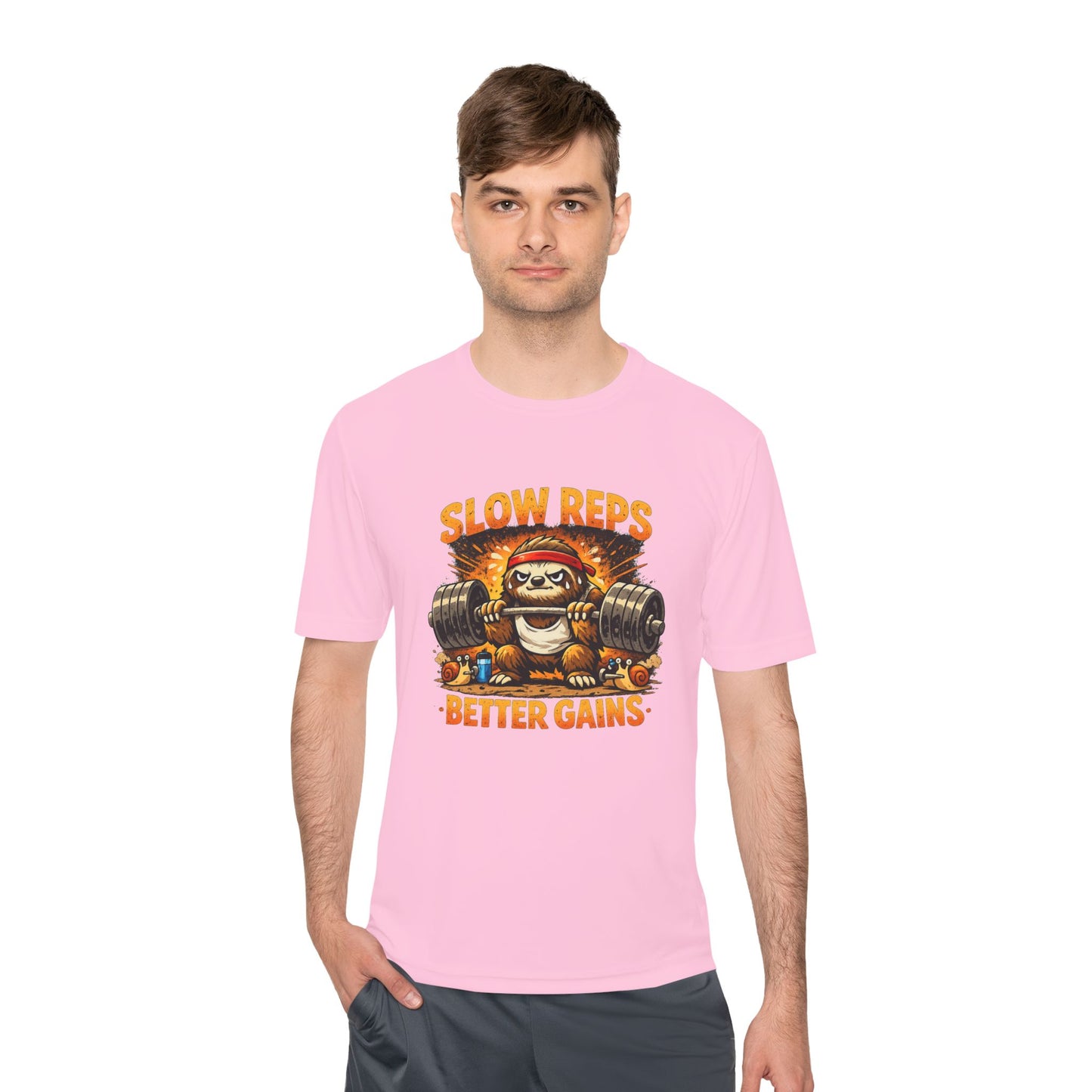 Slow Reps Better Gains Tee — Funny Sloth Weightlifting Moisture-Wicking Shirt