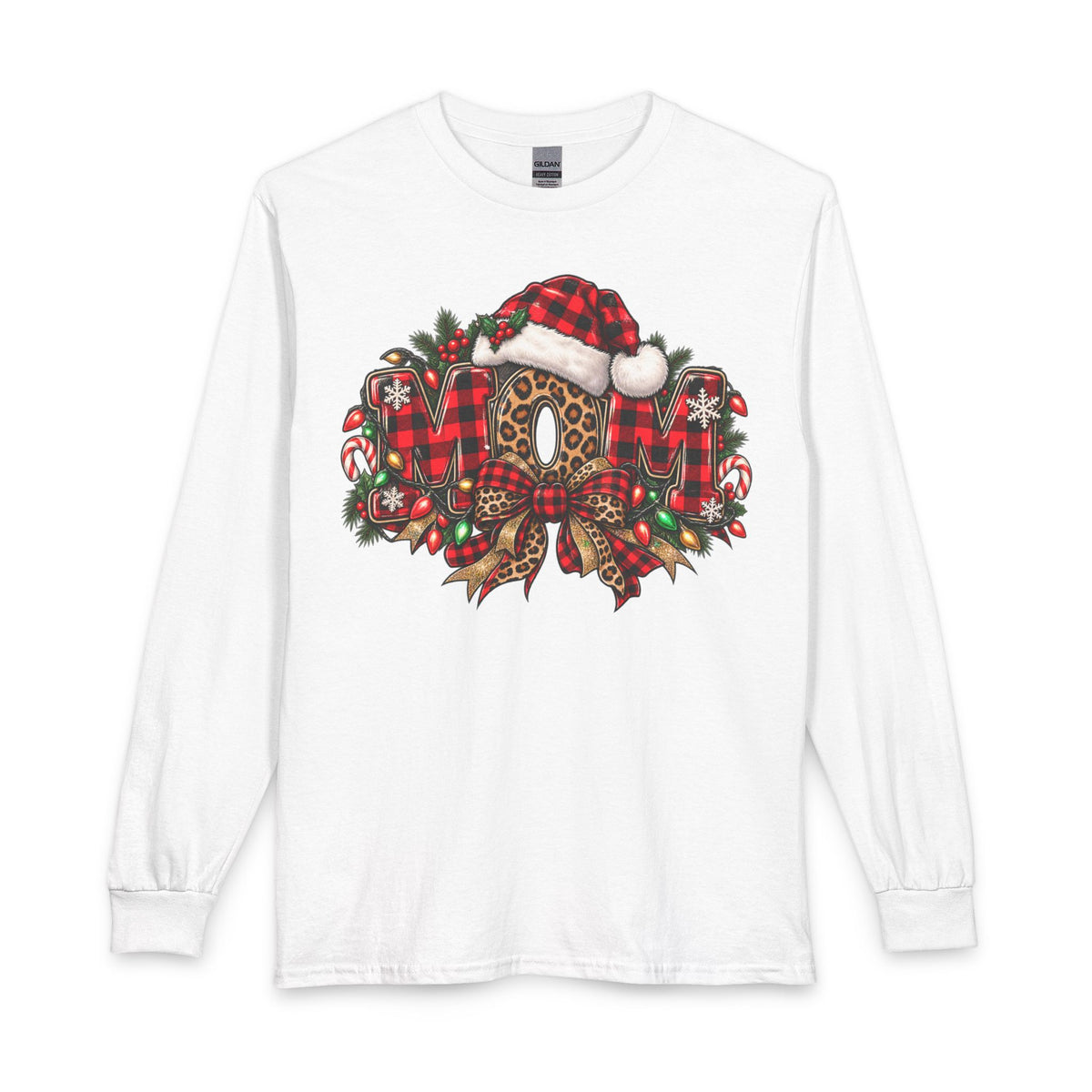 Christmas Leopard Wreath Mom Long Sleeve Tee — Buffalo Plaid Santa Hat Holiday Shirt