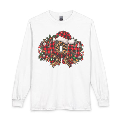 Christmas Leopard Wreath Mom Long Sleeve Tee — Buffalo Plaid Santa Hat Holiday Shirt