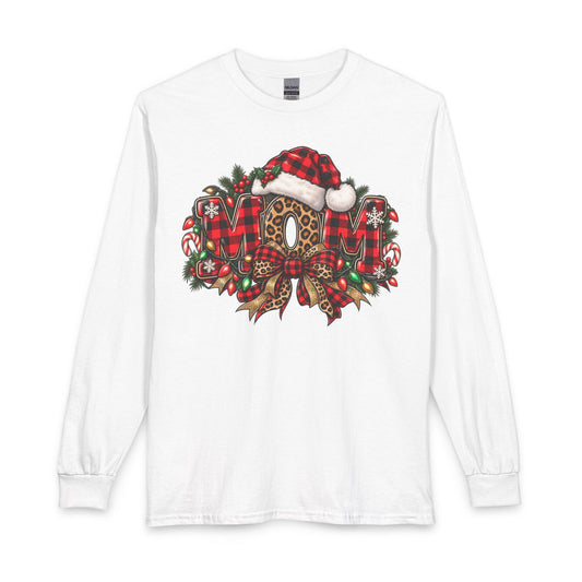 Christmas Leopard Wreath Mom Long Sleeve Tee — Buffalo Plaid Santa Hat Holiday Shirt
