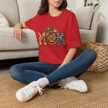 Halloween Mom T-Shirt – Plaid Pumpkin "MOM" Graphic Tee