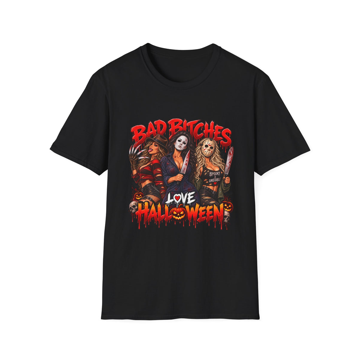 Bad Bitches Love Halloween T-Shirt — Horror Villain Women Graphic Tee