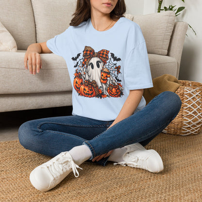 Cute Ghost Pumpkin Halloween T-Shirt — Plaid Bow Ghost with Jack-o'-Lanterns