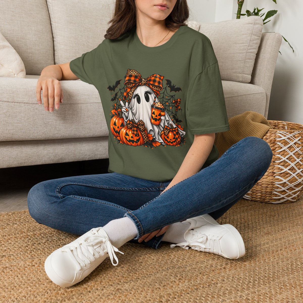 Cute Ghost Pumpkin Halloween T-Shirt — Plaid Bow Ghost with Jack-o'-Lanterns