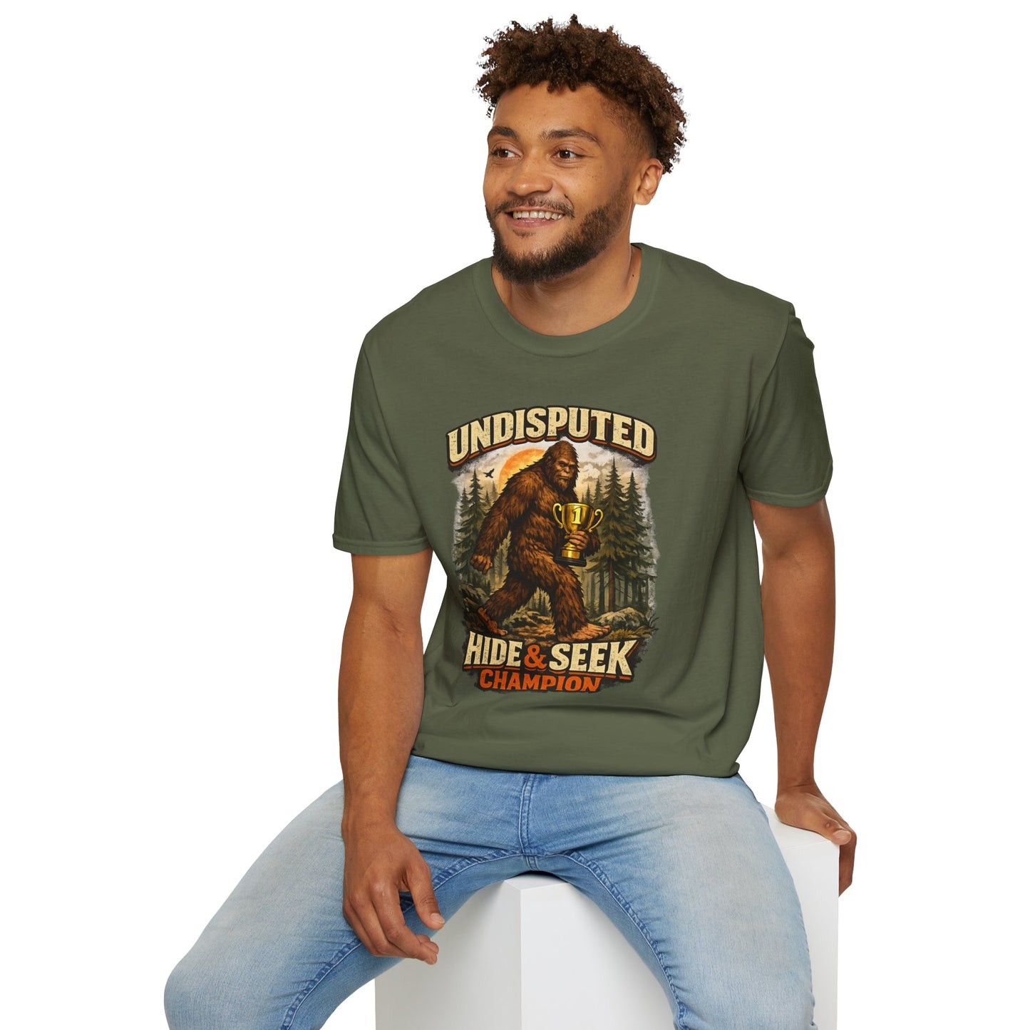 Undisputed Hide & Seek Champion T‑Shirt — Vintage Sasquatch Trophy Graphic