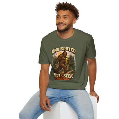 Undisputed Hide & Seek Champion T‑Shirt — Vintage Sasquatch Trophy Graphic