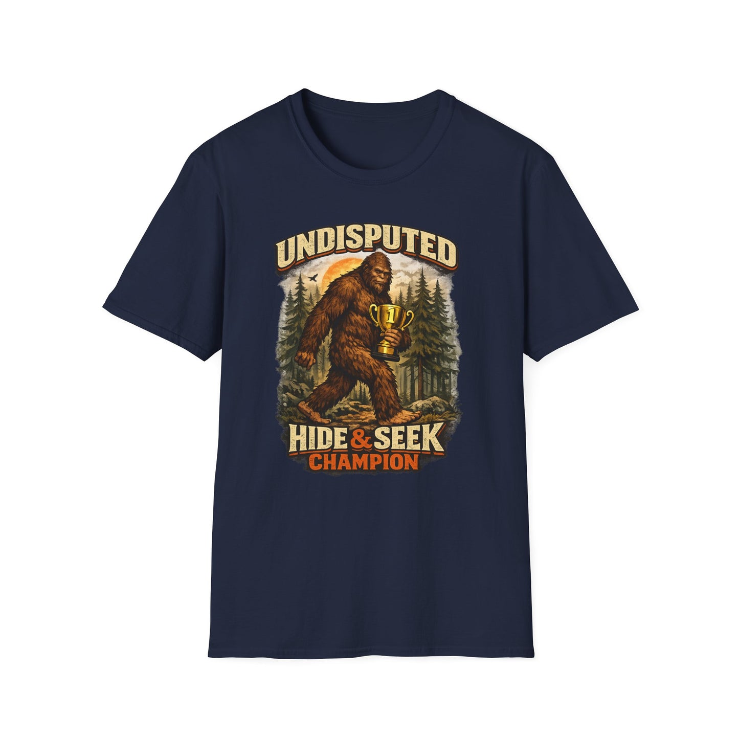 Undisputed Hide & Seek Champion T‑Shirt — Vintage Sasquatch Trophy Graphic