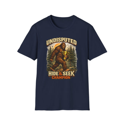 Undisputed Hide & Seek Champion T‑Shirt — Vintage Sasquatch Trophy Graphic