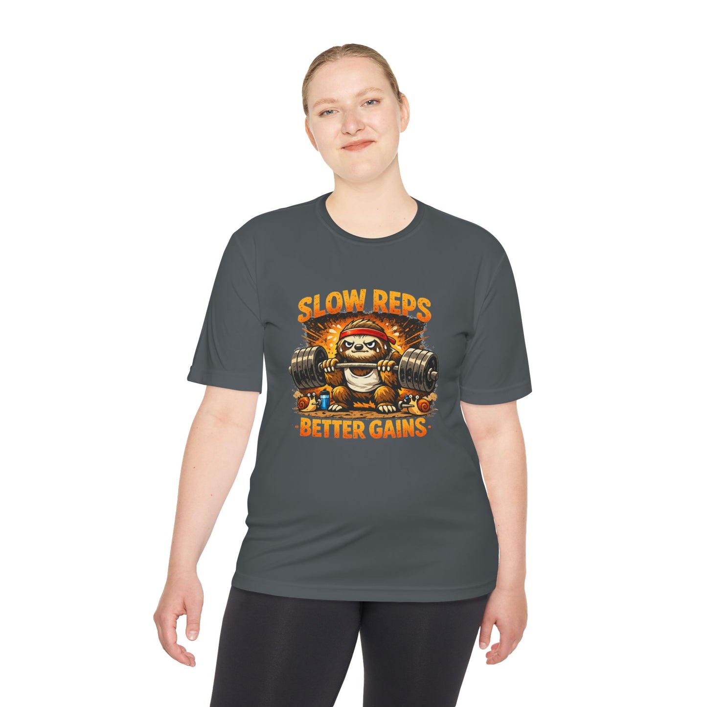 Slow Reps Better Gains Tee — Funny Sloth Weightlifting Moisture-Wicking Shirt