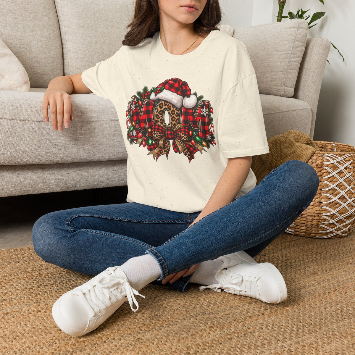 Christmas Mom T-Shirt – Holiday Plaid Santa Hat Café Design