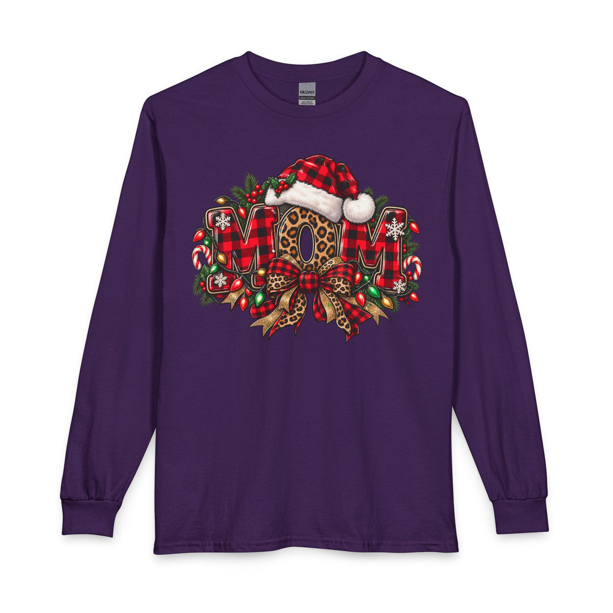 Christmas Leopard Wreath Mom Long Sleeve Tee — Buffalo Plaid Santa Hat Holiday Shirt