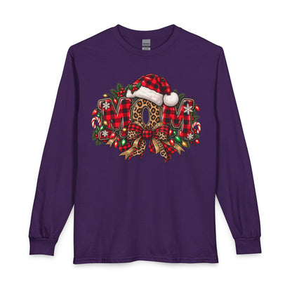 Christmas Leopard Wreath Mom Long Sleeve Tee — Buffalo Plaid Santa Hat Holiday Shirt