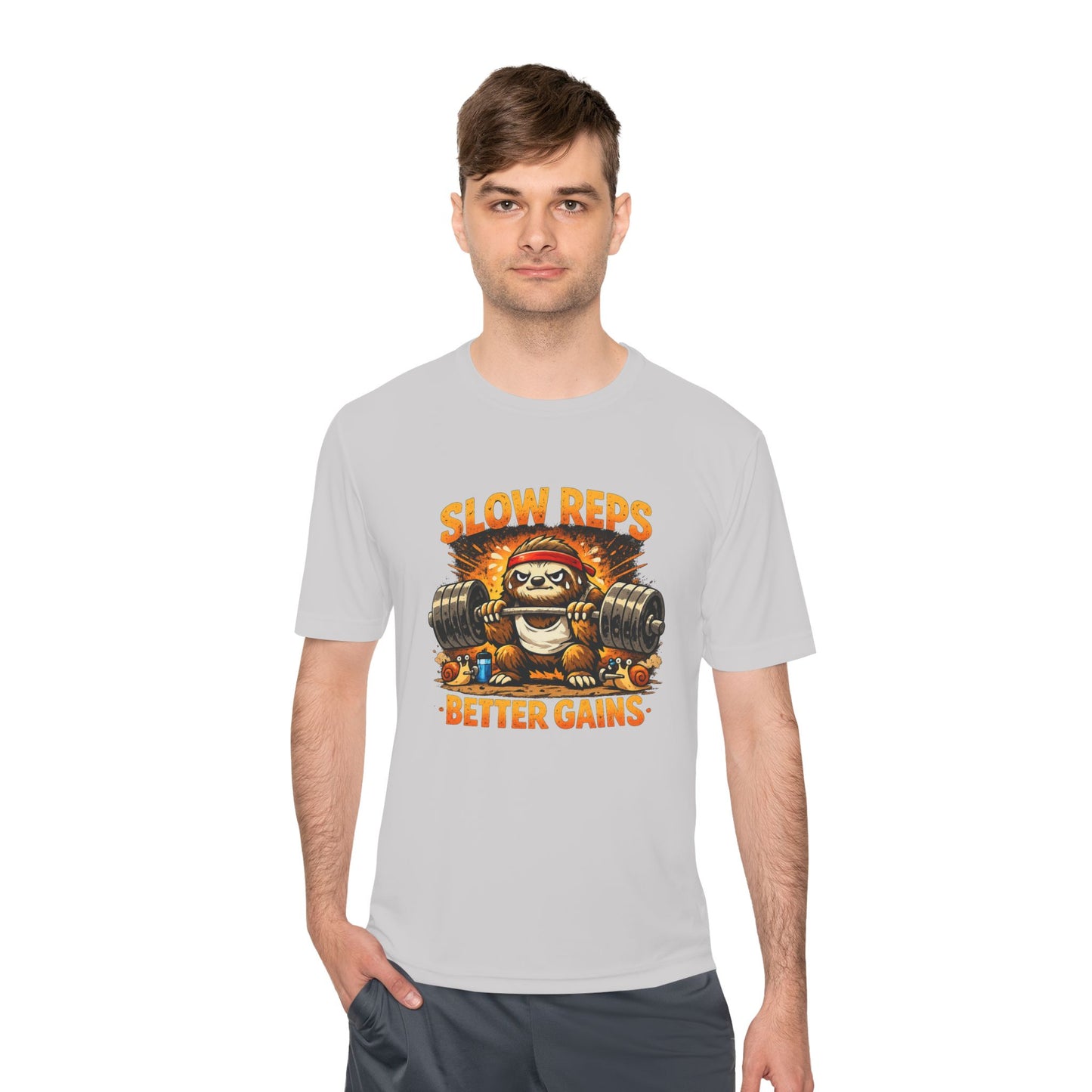 Slow Reps Better Gains Tee — Funny Sloth Weightlifting Moisture-Wicking Shirt